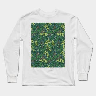 Botanicals and Dots - Hand Drawn Design - Bright Green, Navy, Blue, and Brown Long Sleeve T-Shirt